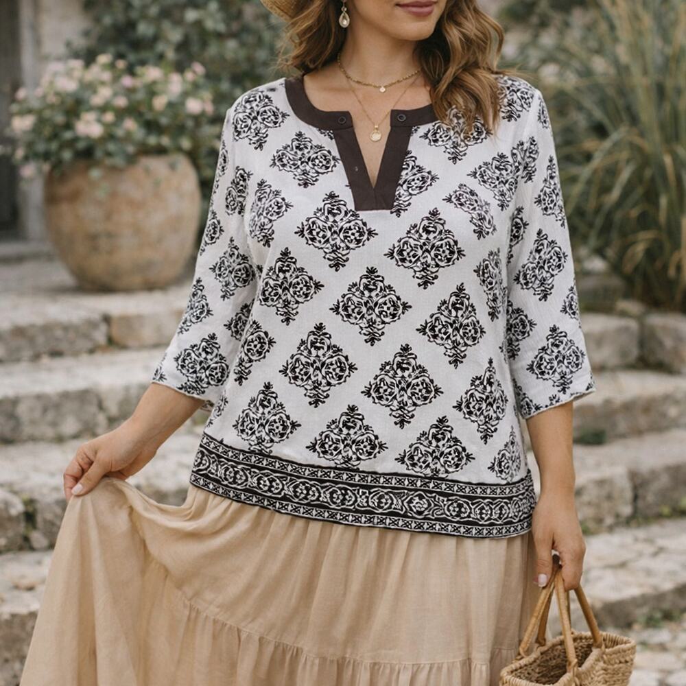 Brown & White Boho Pullover Long Sleeve Tunic Cottage Women's Size L | Prophecy